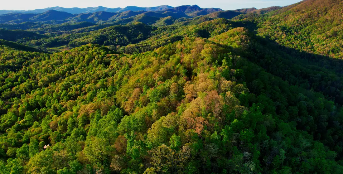 Aerial view of wooded ridges rolling toward distant mountains
