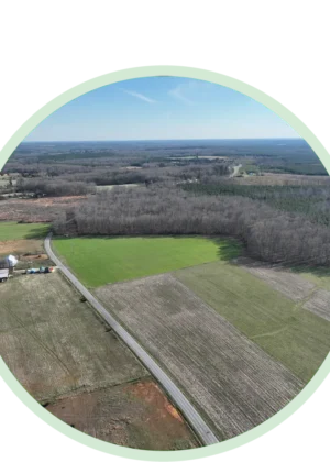 Aerial view of farmland and woods along a rural road