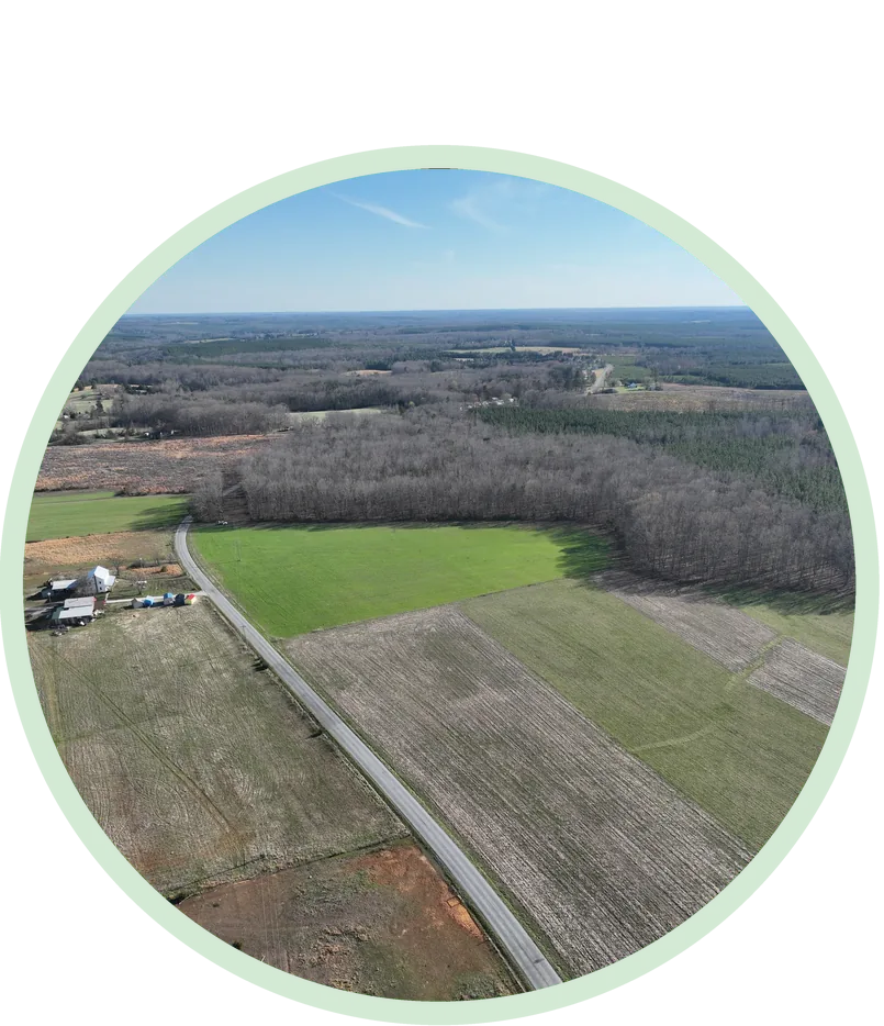 Aerial view of farmland and woods along a rural road